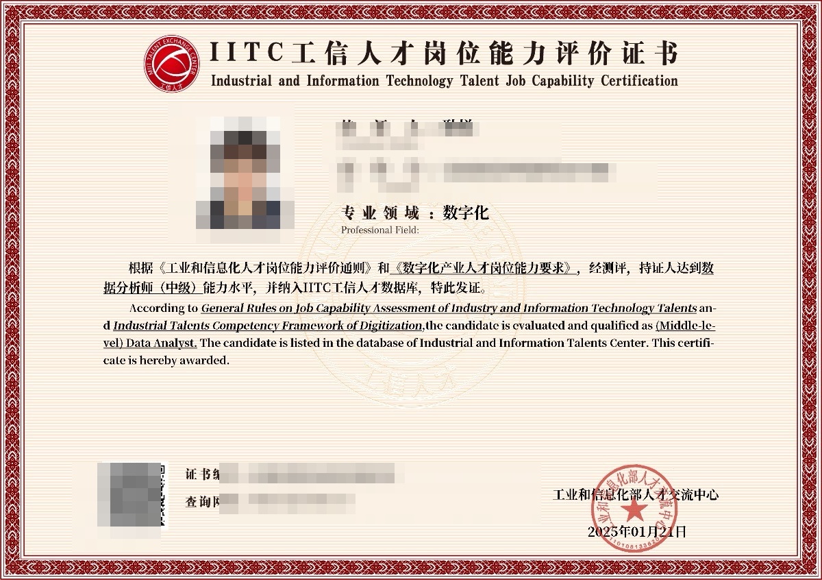 数字化数据分析师（中级） 证书